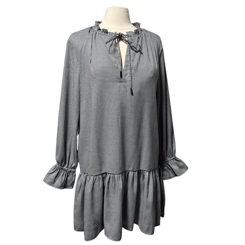 LENA Long Sleeve Ruffle Hem Houndstooth Tiered Drop Waist Dress Size Medium NWOT